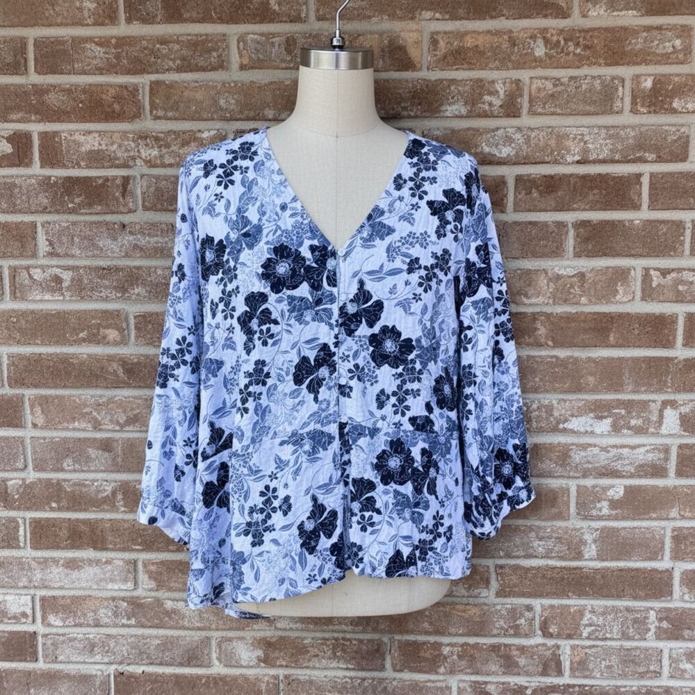 Liz Claiborne Blue Floral Cotton Rayon 3/4 Sleeve Blouse Size XXL